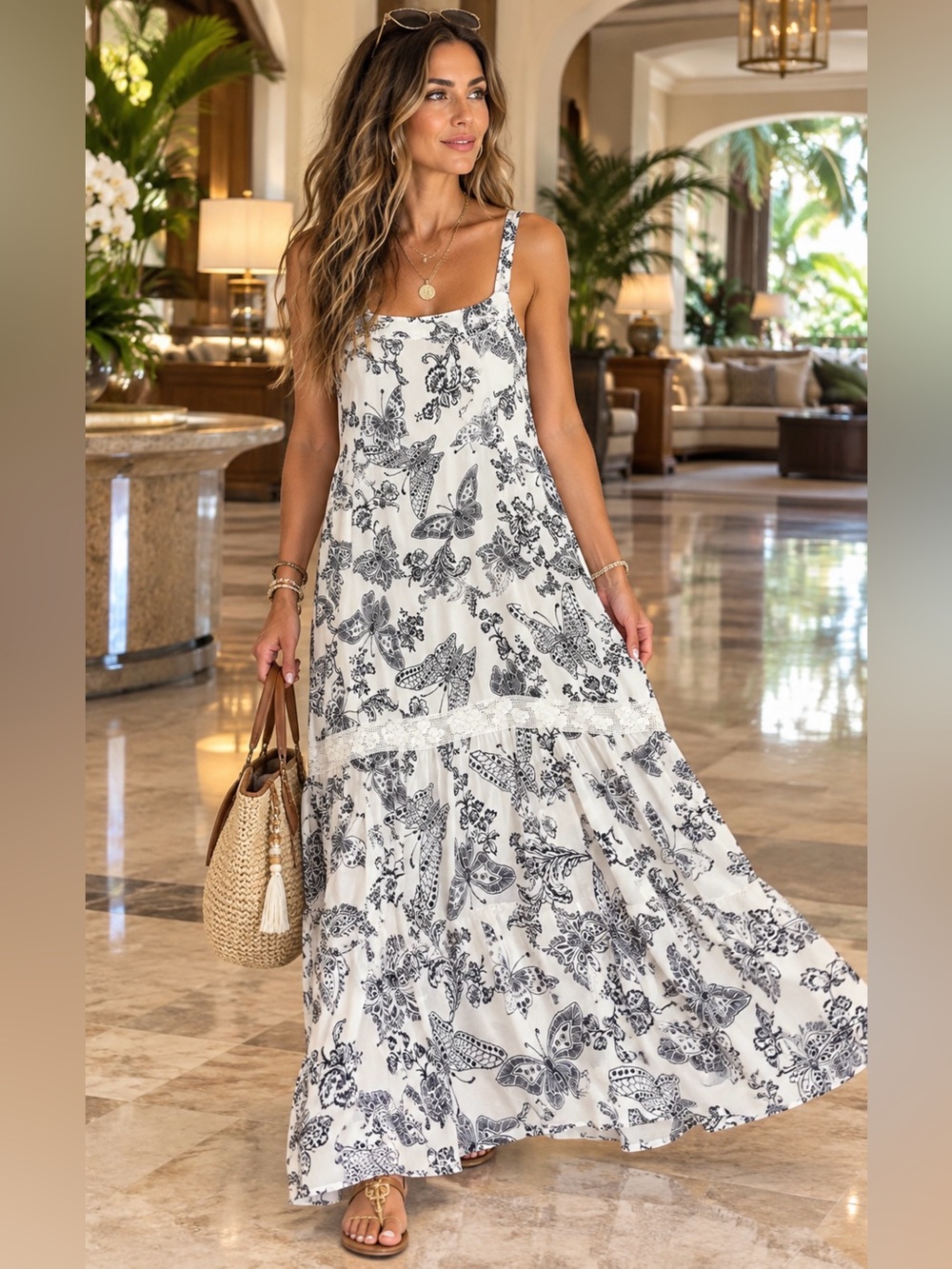 NWT Johnny Was White Maxi Dress with Black Butterfly Print. L